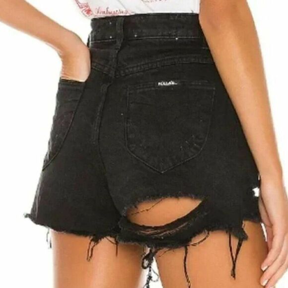 Rollas Dusters High Rise Slim Denim Shorts Size 28 Black Distressed Aussie 10 - Picture 1 of 11